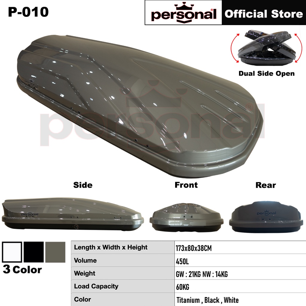 PERSONAL P010 Car Roof Box PC Material 450L Glossy Color Slim Compact Cargo Roofbox Carrier
