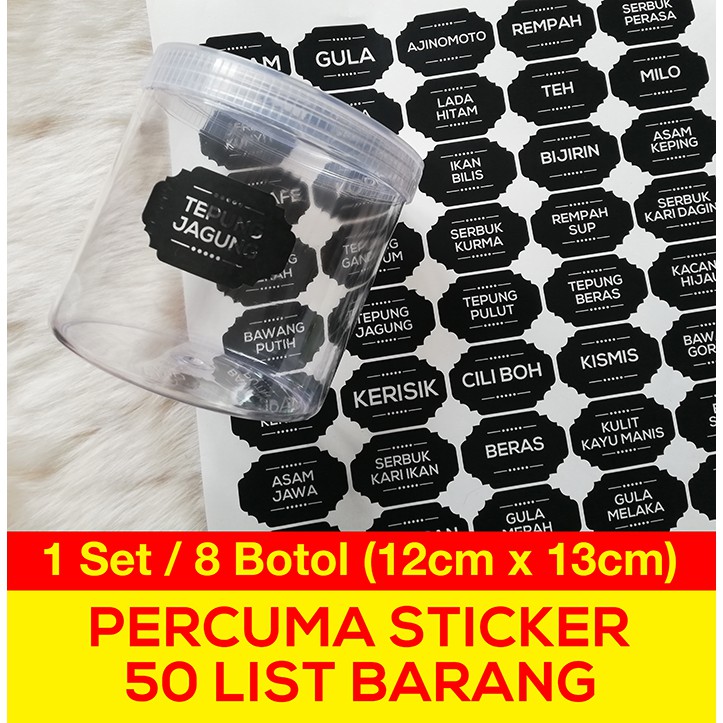 BEKAS REMPAH RATUS SET (8 BOTOL) SAIZ 12x13cm PERCUMA STICKER LABEL 50 LIST BARANG Shopee Malaysia