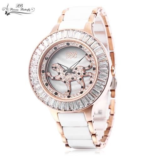 REVOLVING ARTIFICIAL RHINESTONE LEOPARD DIAL CERAMIC STRAP WRISTWATCH ...