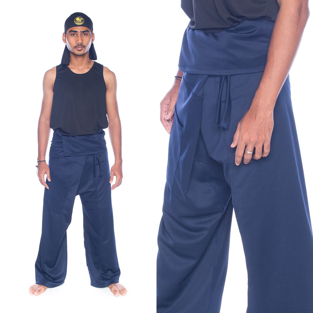 FISHERMAN PANTS-Stretchy navy blue heavyweight, Scuba fabric (Lycra) wrap  pants -Unisex one size fits all.