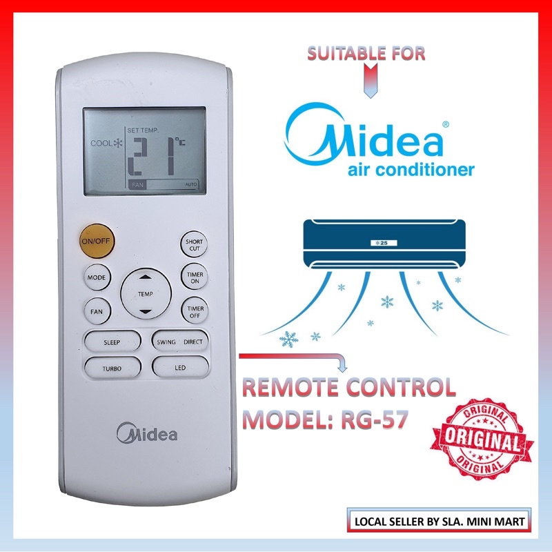 MIDEA **💯%** ORIGINAL AIRCOND REMOTE CONTROL RG-57 (FOR MIDEA ...