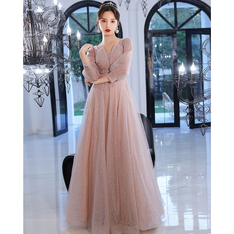 Pink Evening Dress Temperament Long-sleeved Starry Sequin Slim A-line Long  Dresses Annual Meeting Banquet Birthday Gown