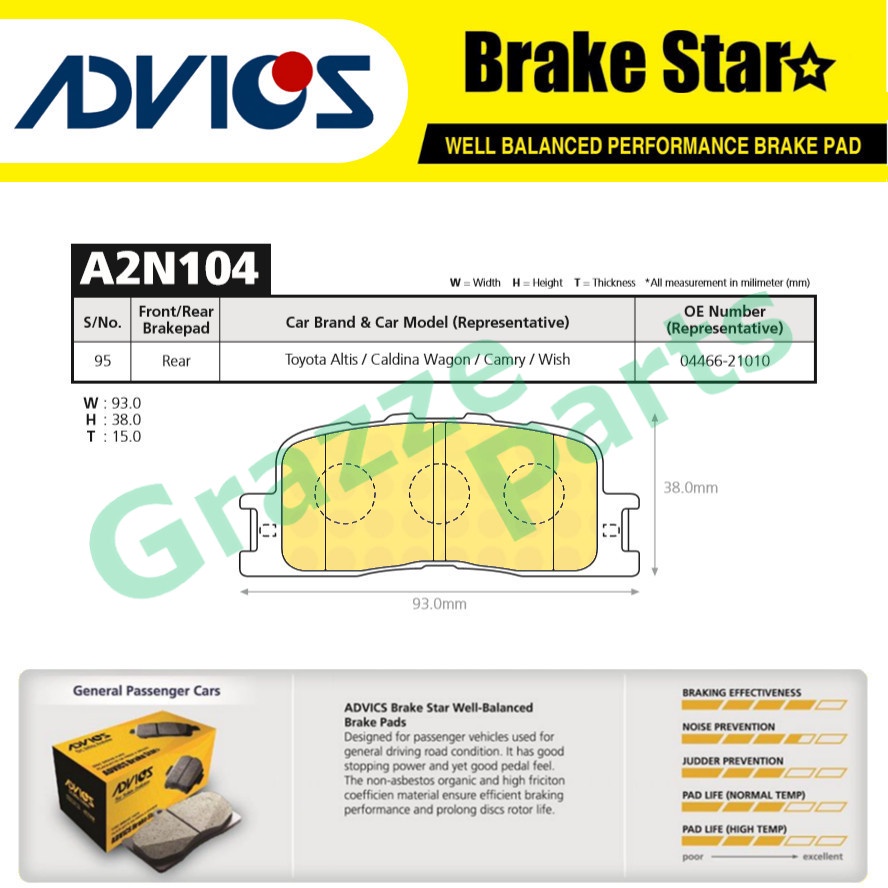 Advics Aisin Brake Star Disc Brake Pad Rear A2N104TE for Toyota Camry ...