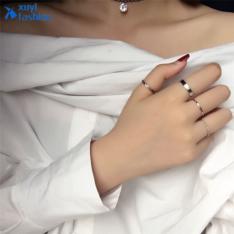 4pcs/set Korean Fashion Retro Alloy Silver Ring Set Simple Elegant Gold  Finger Ring Women Jewelry Accessories