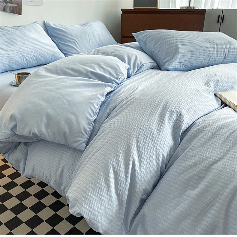 4 IN 1 Plain Bedding Set Simple Style Waffle Duvet Cover Flat Sheet/Fitted Sheet Single/Queen