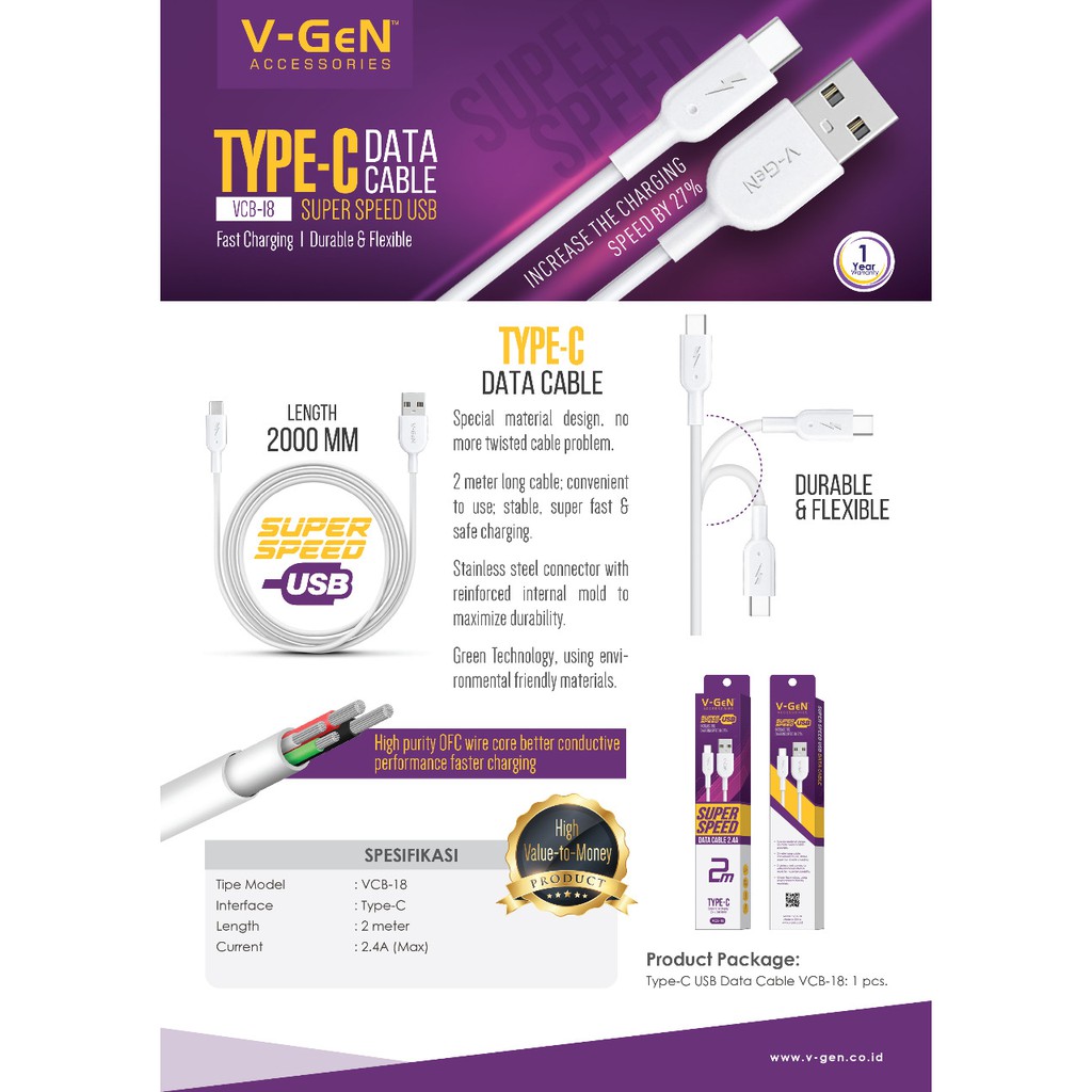 USB Type C V-GeN VCB-18 Fast Charging Data Cable 2 Meter VGEN Cable ...