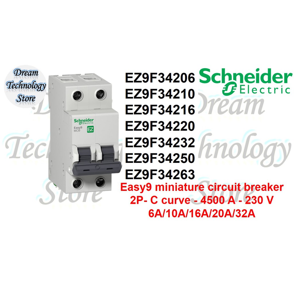 Schneider Miniature circuit breaker, Easy9, 2P, C curve, 4500 A, 6A/10A ...