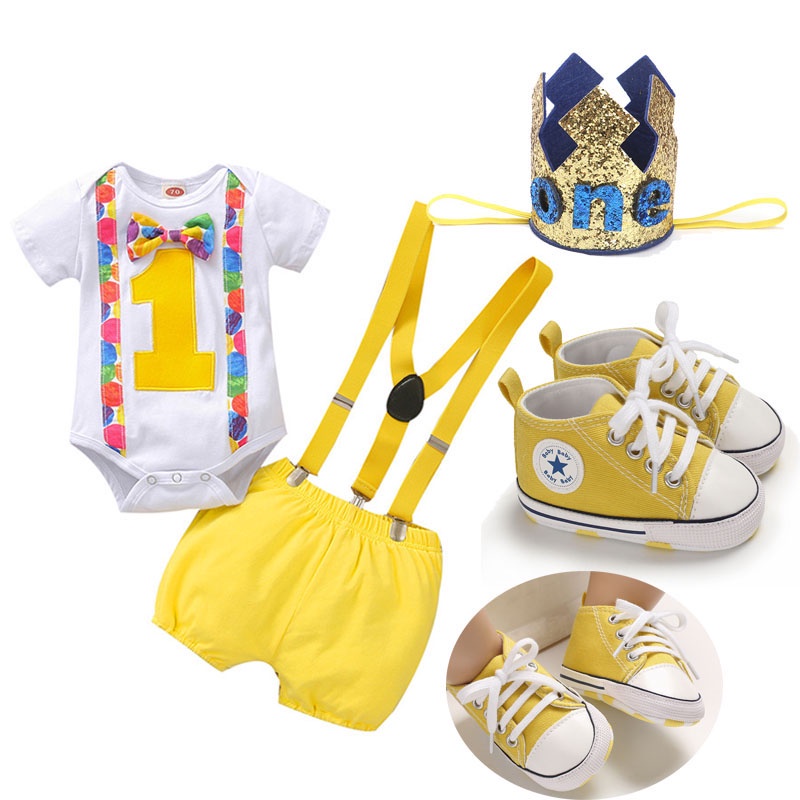 4pcs Set Baby Boy Outfit First Birthday Costume for Baby Boy Cake Smash Romper Suspender Shorts