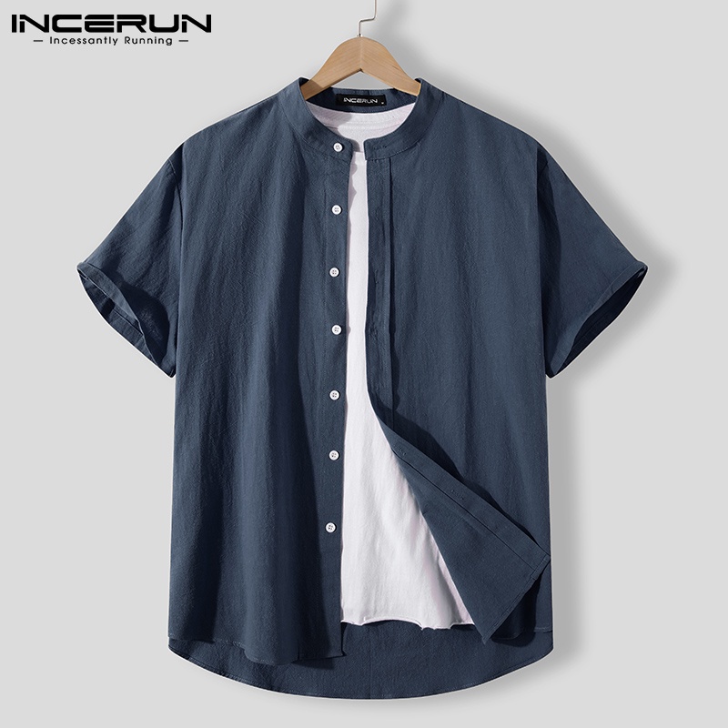 INCERUN Men Simple Style Casual Short Sleeve Solid Color Button Up ...