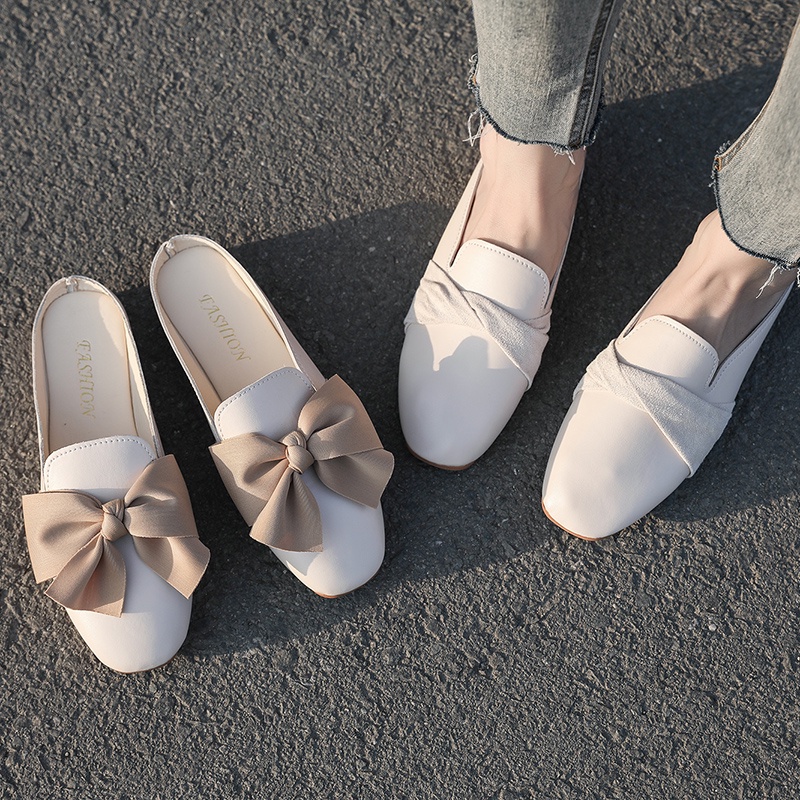 Spring Color Matching Small Square Bow Lazy Slip-On Flat