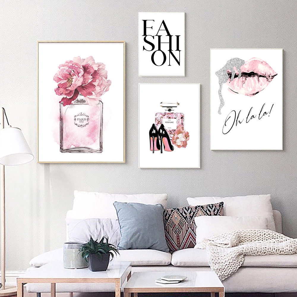 Pink Perfume Canvas Painting Abstract Lips Prints High Heels Posters ...