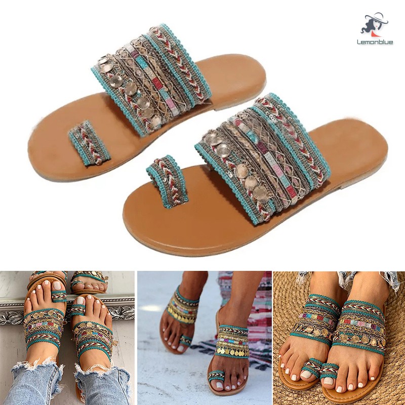 Boho Style Toe Ring Sandals for Women Summer Beach Flip Flop with