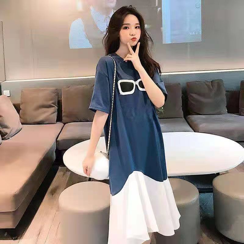Women's Round neck Short Sleeve Plus Size Long Skirt With Loose