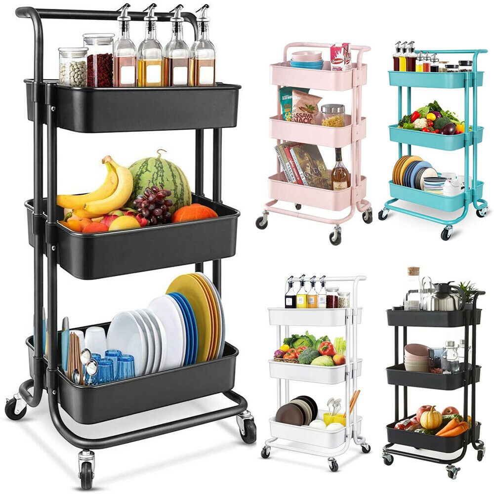 3 Tier Storage Trolley Rack Office Shelves Home Kitchen Wheel Rak ...