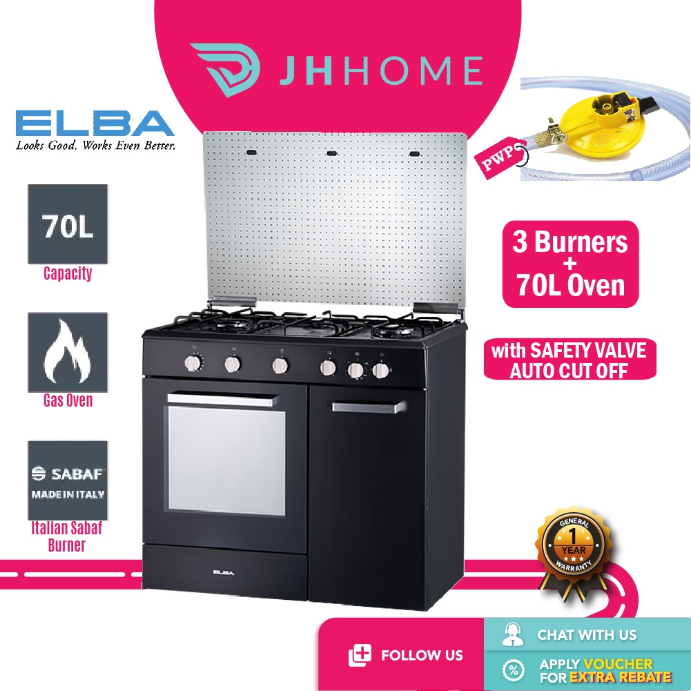 Elba 3 Sabaf Burners Gas Cooker with 70L Gas Oven EGCC9703G(BK) Safety Valve Rotisserie