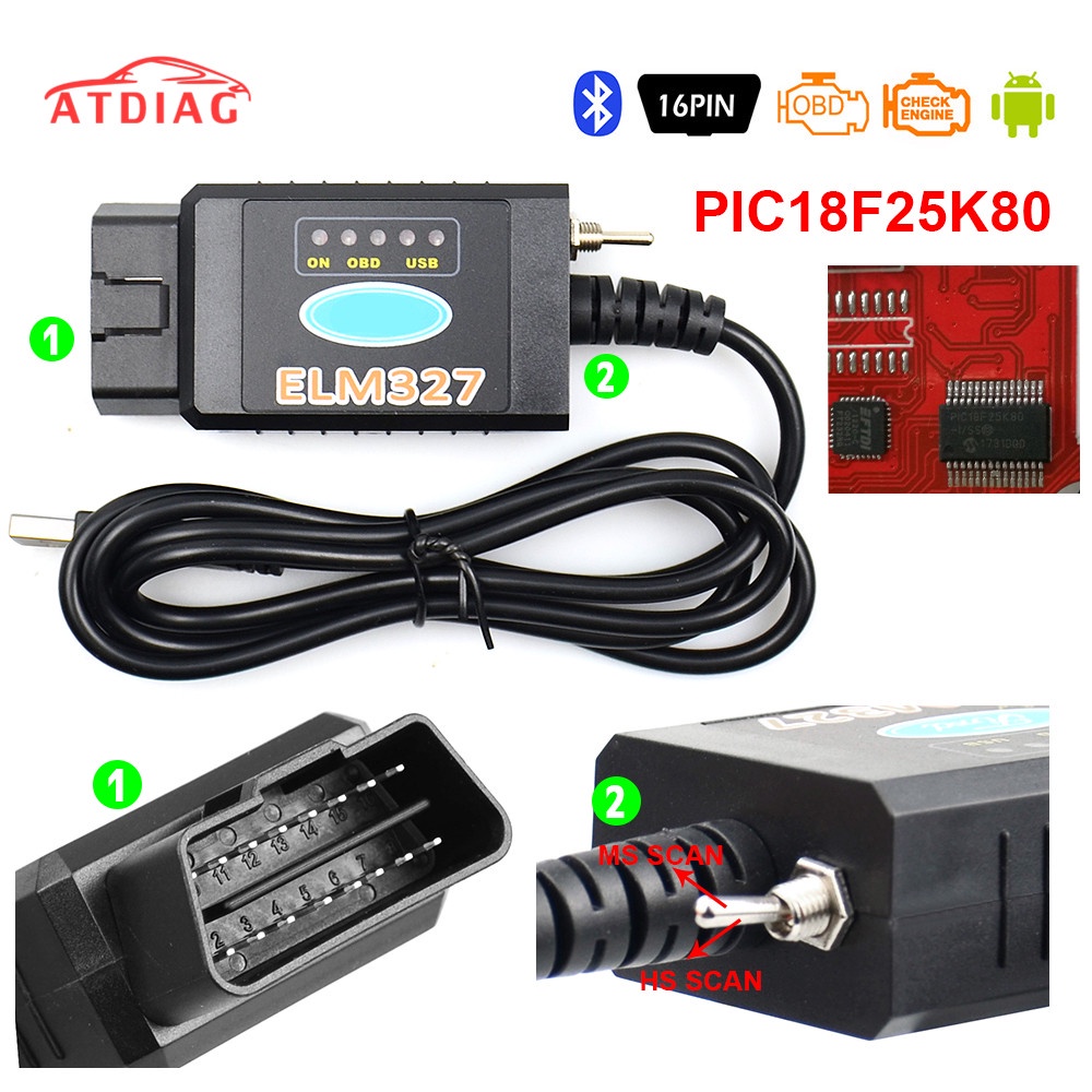 ELM327 USB V1.5 FTDI FT232RL + PIC18F25K80 Chip Code Reader for Ford HS