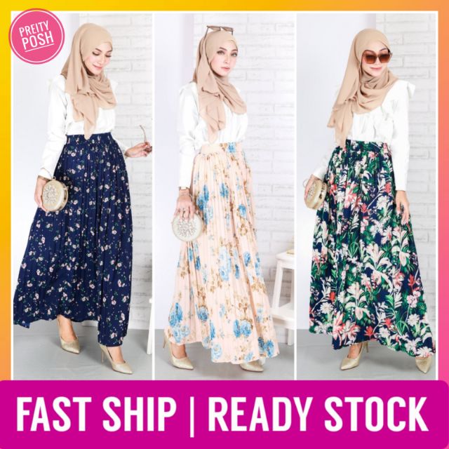 PLUS SIZE KAIN PLEATED SKIRT FIT M XXL Floral Flared Maxi Long Skirt Shopee Malaysia