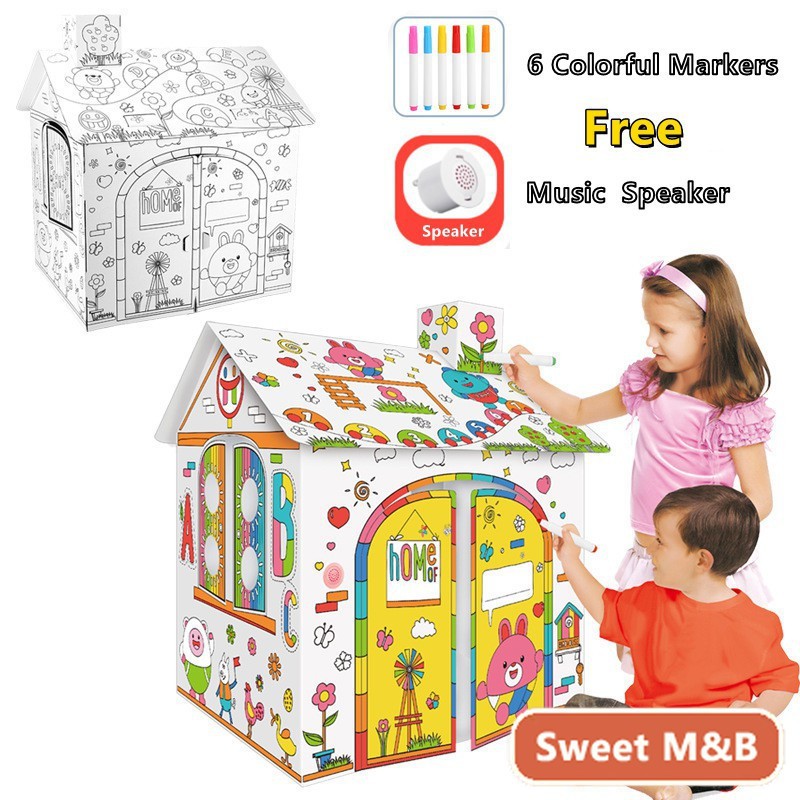 Large DIY Cardboard Coloring Creative Crafts Kids Playhouse Play House ...