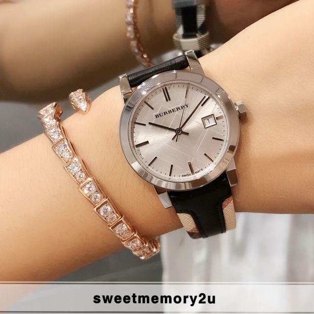 Burberry check stamped leather best sale strap watch