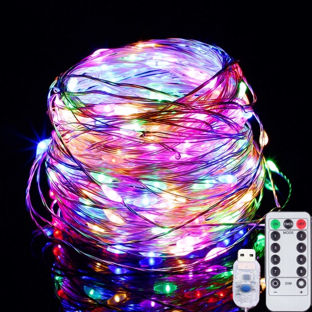 10 meters 100 LED fairy lights USB with 13 key remote control, 8 flash ...