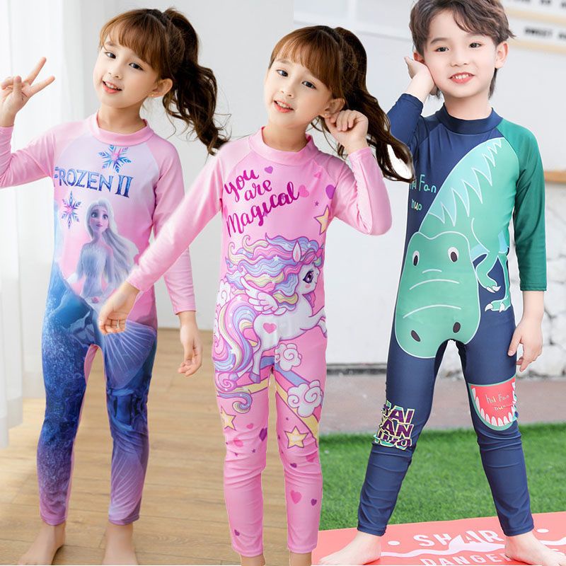 Swimsuit Kids Girl One Piece Swimming Suit Baby Girl Swimwear Baju Mandi  Baju Renang Short Sleeve Suit Zipper Cartoon Unicorn