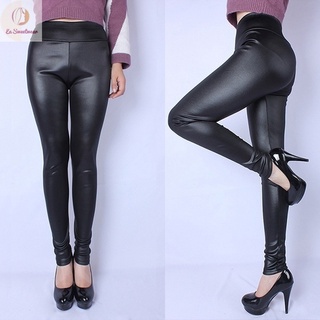 Women's PU Gold Button High Waist Legging Ladies Skinny Stretchy Leather  Pants