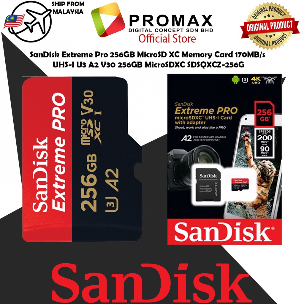 SanDisk Extreme PRO 128GB 256GB UHS-I U3 V30 SDXC Card up to 200MB