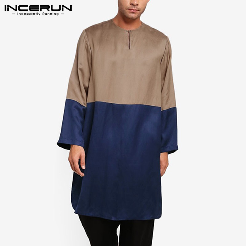 INCERUN Men's Baggy Long Sleeve Silky Satin Muslim Round Neck Long Top