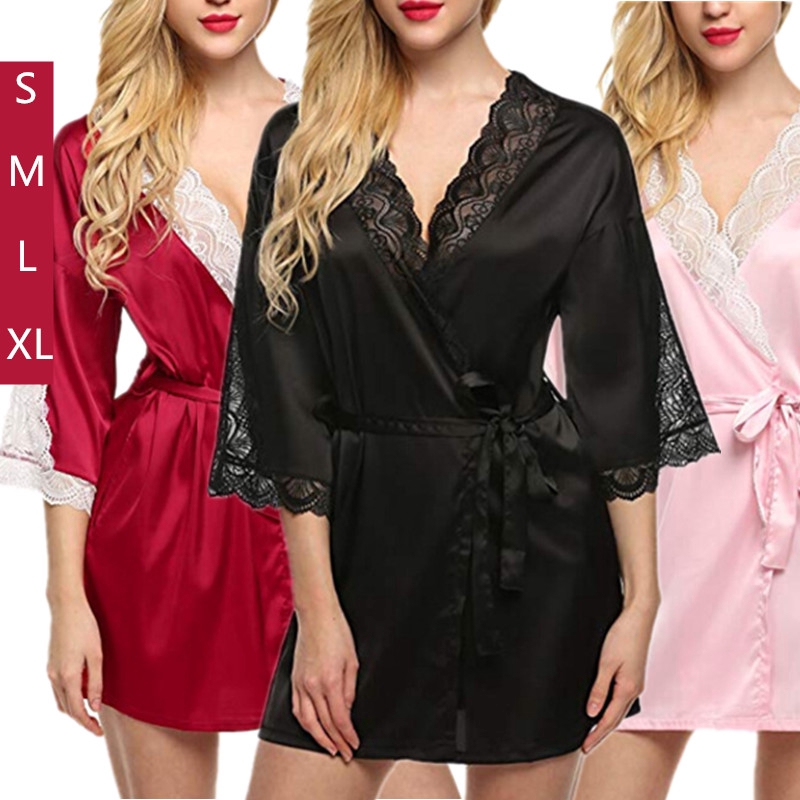 [ready Stock] Ice Silk Satin Lace Robe Set Sexy Sleepwear Sexy Lingerie