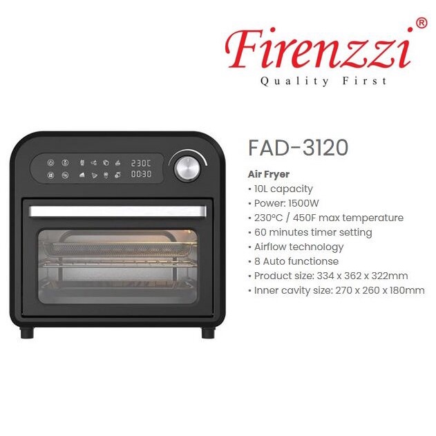 FAD3120 Firenzzi 10L BLACK MultiFunction Air Fryer Oven 1500W