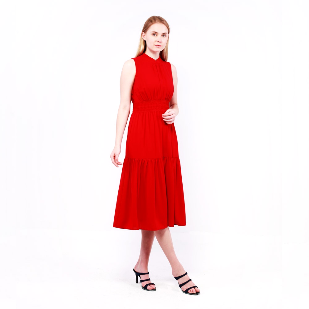 Rareism Women's Premty Multi Cotton Mandarin Collar Striped Cuffed Sleeve Maxi Flared Dress