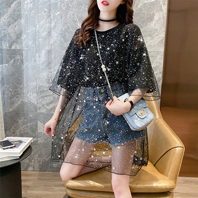 Women's long glittering mesh short-sleeved T-shirt酷炫衣服棉质中长