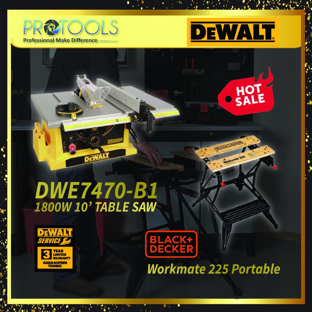 DEWALT DWE7470B1 1800W 10 Inch 254mm Table Saw + BD Workmate 225