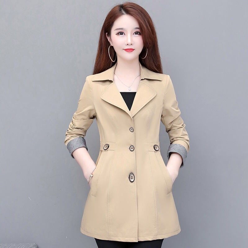 Windbreaker women's spring and autumn coat lapel long-sleeved button ...
