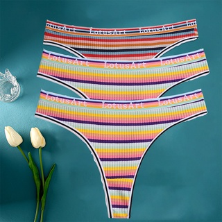 FINETOO 3PCS/Set Women Cotton Seamless Panties Female Rainbow Underwear  Sexy Colorful Striped Lingerie Finetoo Waist