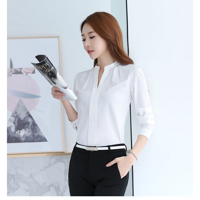 Women Long Sleeve Chiffon Shirt Ladies V Neck Elastic Work Tops Casual  Plain Semi Formal for Women White Pink Purple