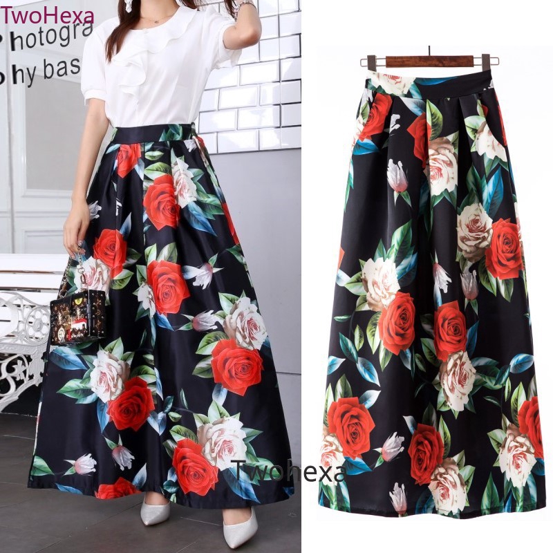 Fashion Women Floral Print Black Color Red Rose Long Skirts Female