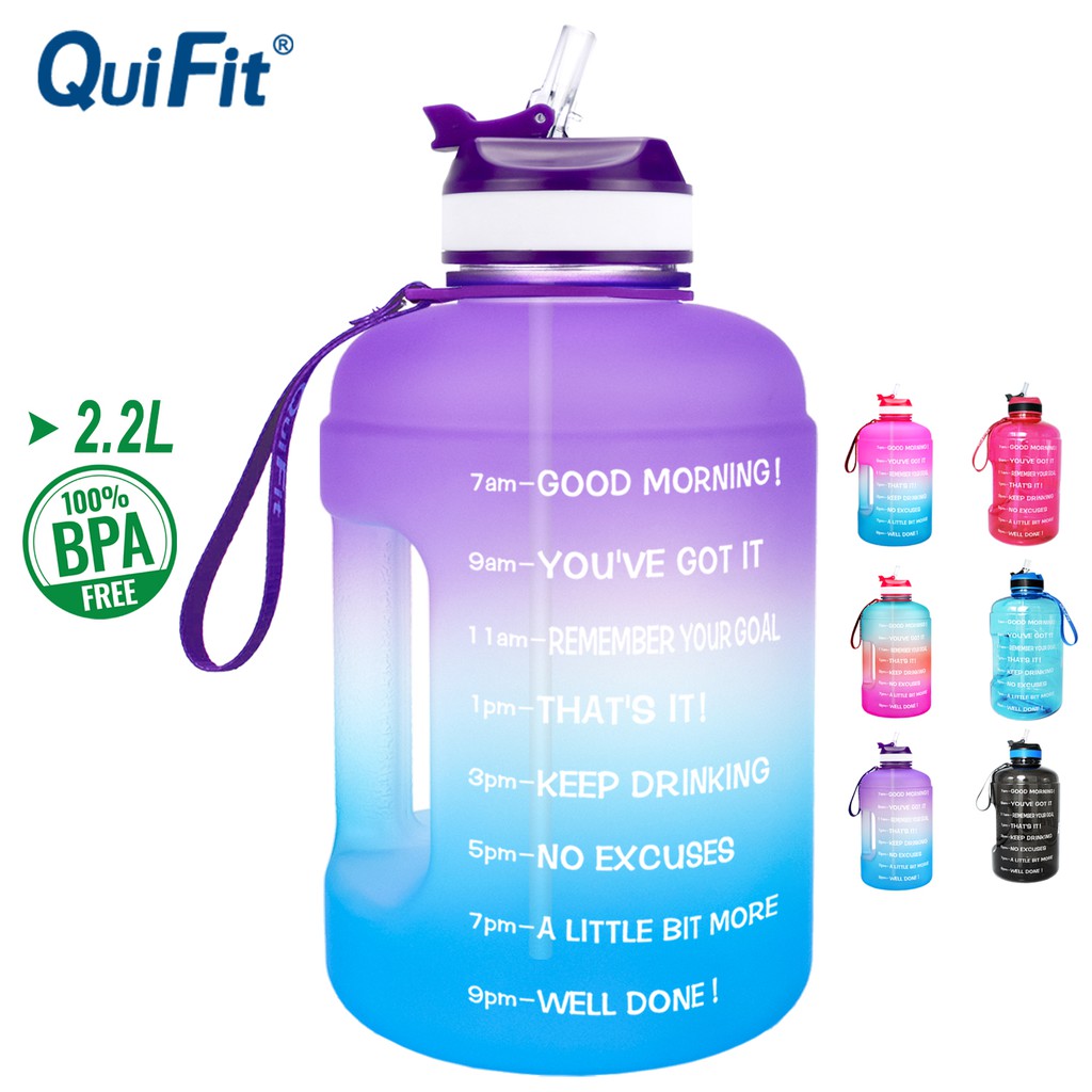 Quifit Half Gallon Water Bottle Middle Mouth With Straw And Motivational Bpa Free Sport Botol 2 3816