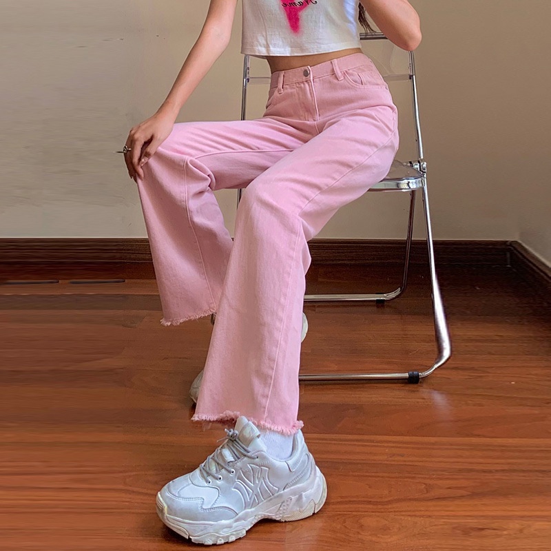 ♀Korean clothes♀ White Wide-Leg pink Jeans Women Korean-Style