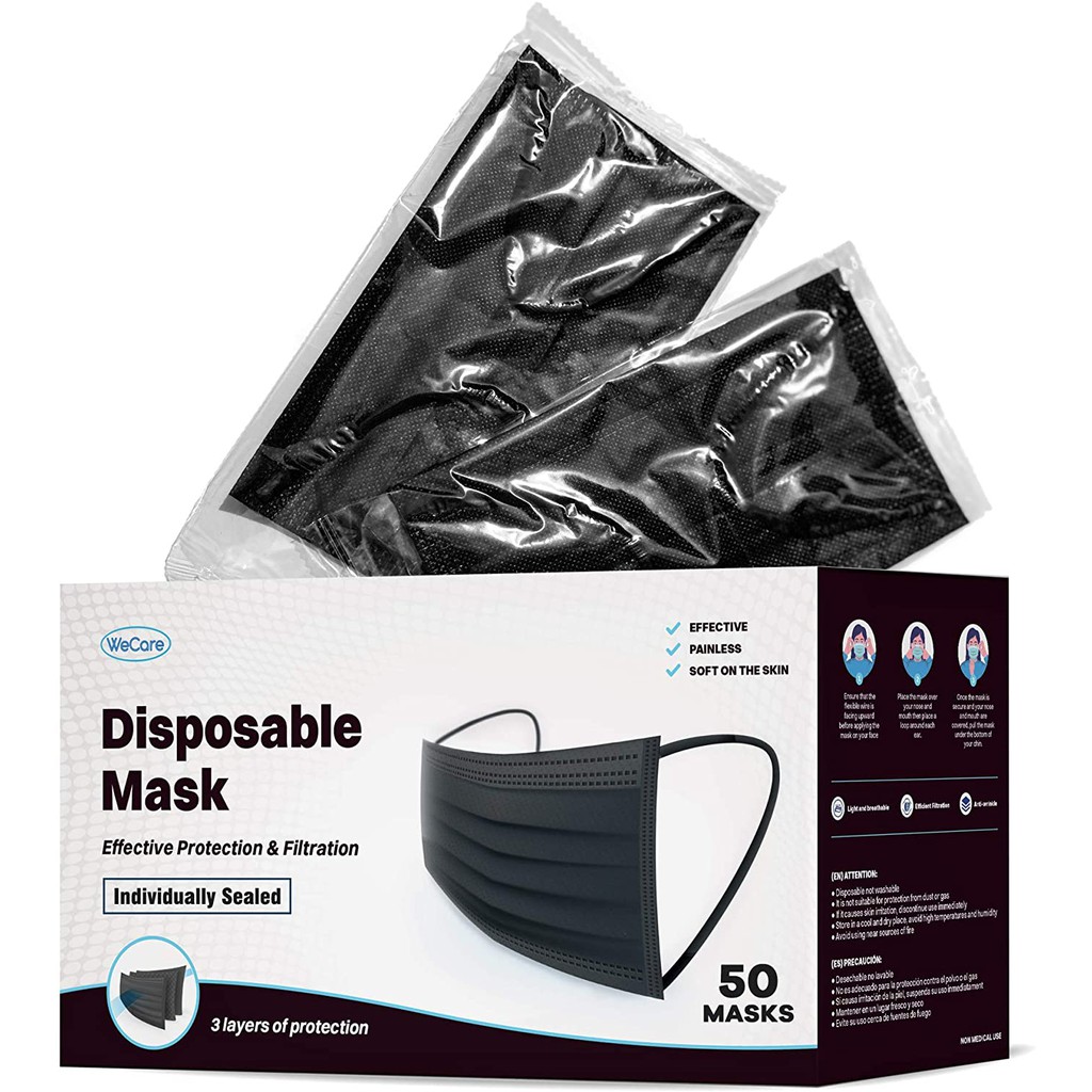 50pcs Full Black colour 3ply Face mask Non Medical Disposable Mask full ...