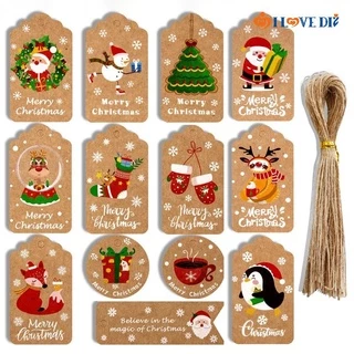 50Pcs/Set Cartoon Santa Claus Snowman Tree Pattern Kraft Paper Tags/ Merry Christmas Party Gift Wrapping Labels With Rope