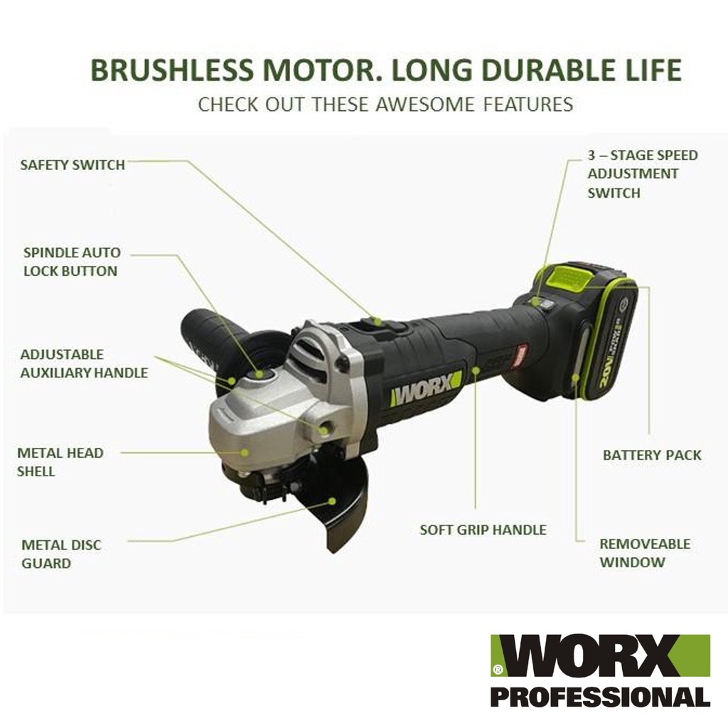 WORX 20V WU808.9 Cordless 100mm Brushless Angle Grinder bare tool Shopee Malaysia