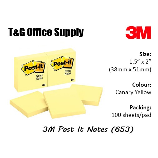 Post-it Notes 653, 1-1/2 in x 2 in, Canary Yellow