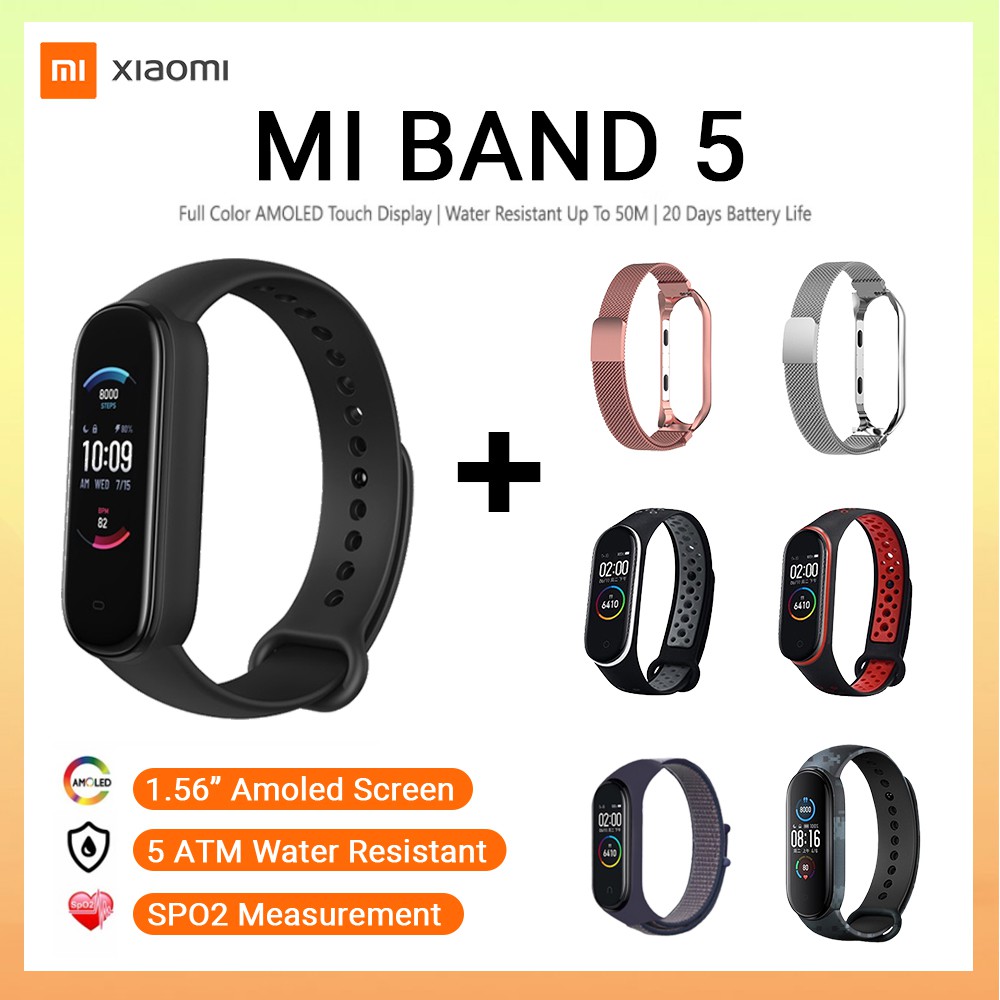 Xiaomi Mi Band 5 Smart Bracelet 4 Colors AMOLED Screen Miband 5 Smartband  Fitness Traker Bluetooth Sport Waterproof Smart Band