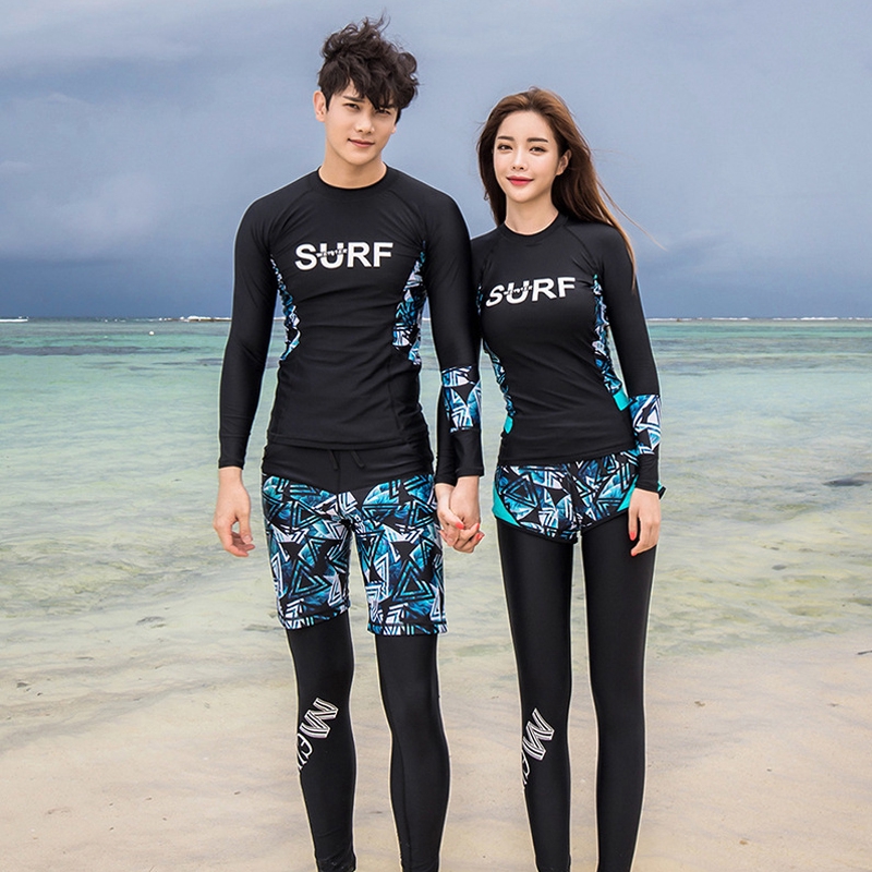 Women Men Swimwear Couple Swimsuit Long Sleeve Pants Black