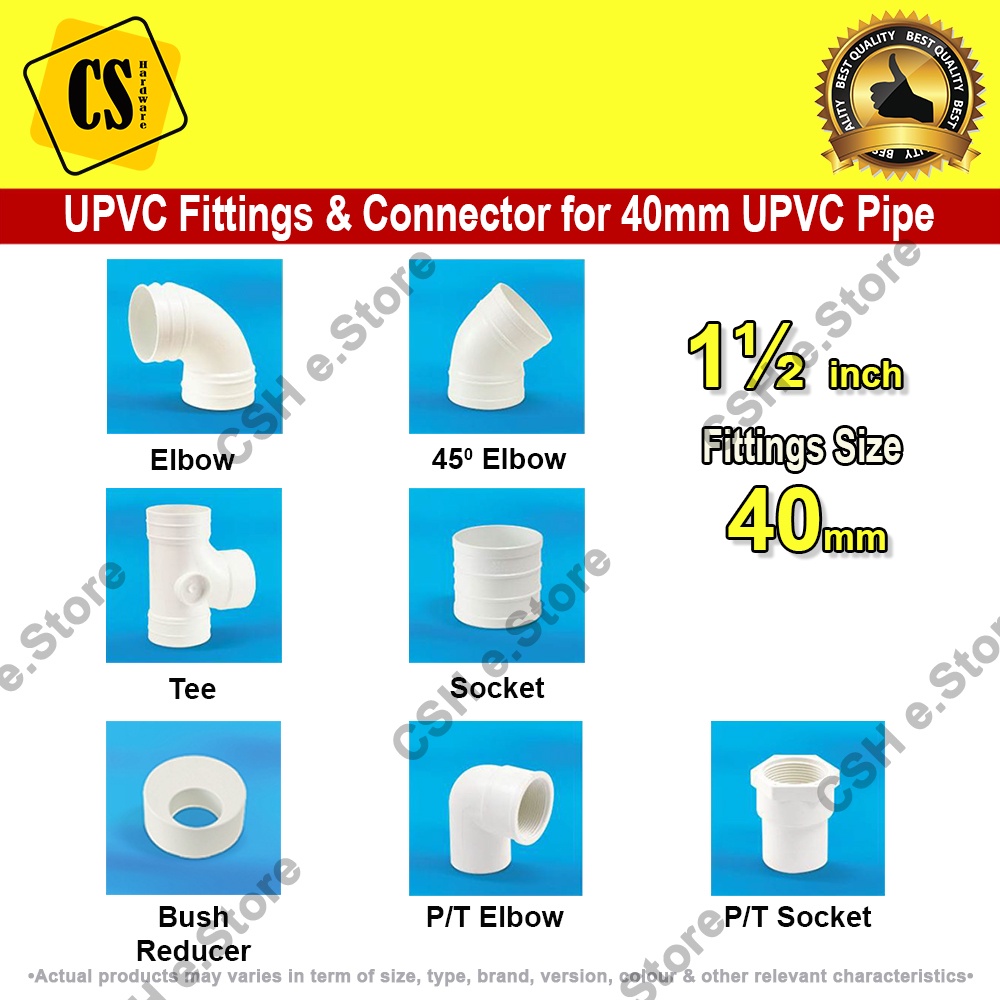 40mm UPVC Pipe Fitting Connector Sambungan Paip Putih Elbow Tee Socket ...