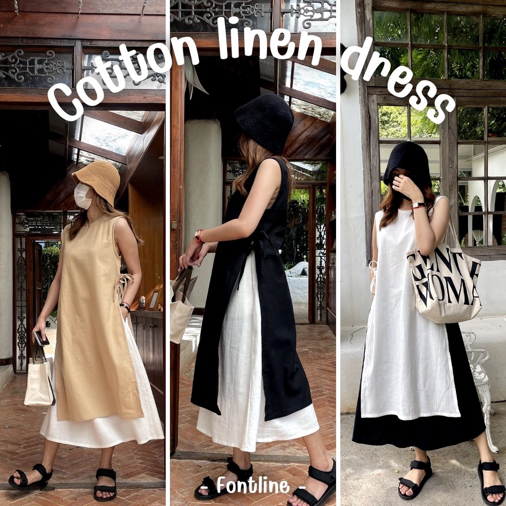 Sleeveless dress With Side Drawstring Cotton Linen Korean Style minimal V03 V03P Shopee Malaysia