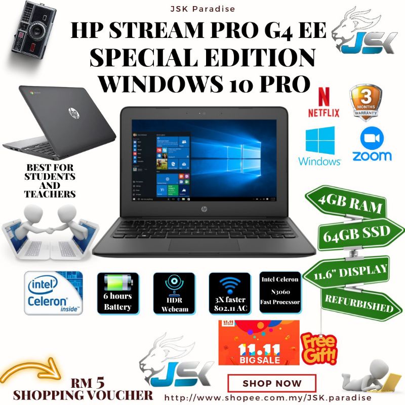 LAPTOP HP Stream 11 Pro G4 EE Celeron N3050 4GB RAM 64 GB SSD