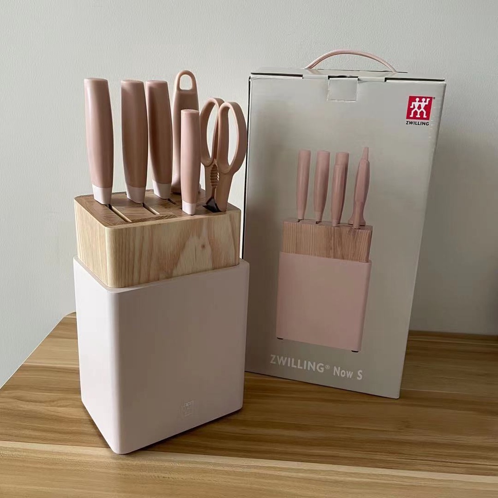 9PC Pink Wheat Straw Sharp Cooking Knife Set with Acrylic Stand