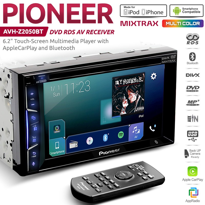 PIONEER AVH-Z2050BT 6.2" Double DIN Apple CarPlay Radio, CD, DVD, RDS ...